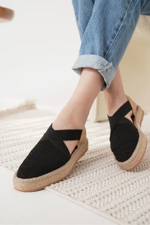 Siyah Tekstil Kilim Desenli El Yapımı Jüt Sargı Taban Espadril Ayakkabı Topuk Boyu 2,5 Cm