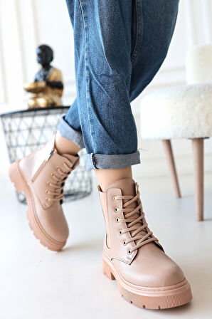 Yandan Fermuarlı Lastikli Bağcıklı Topuklu Bot Cilt Nude Topuk Boyu 3 Cm