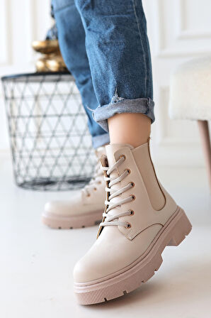 Yandan Fermuarlı Lastikli Bağcıklı Topuklu Bot Cilt Bej Topuk Boyu 3 Cm