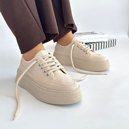 Ortopedik Topuk Dikenine Karşı Özel Üretim Bağcıklı Spor Ayakkabı Keten Bej Topuk Boyu 4 Cm