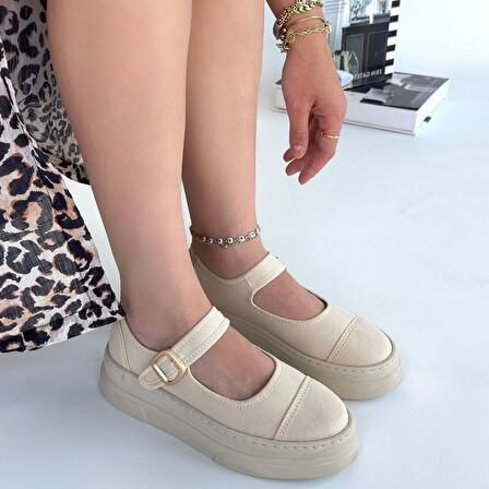 Ortopedik Topuk Dikenine Karşı Özel Üretim Kemerli Spor Ayakkabı Keten Bej Topuk Boyu 4 Cm