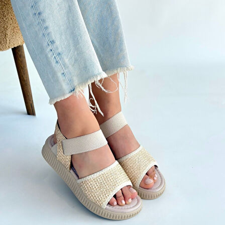 Lastikli Hasır Ortopedik Sandalet Cilt Bej Topuk Boyu 2 Cm