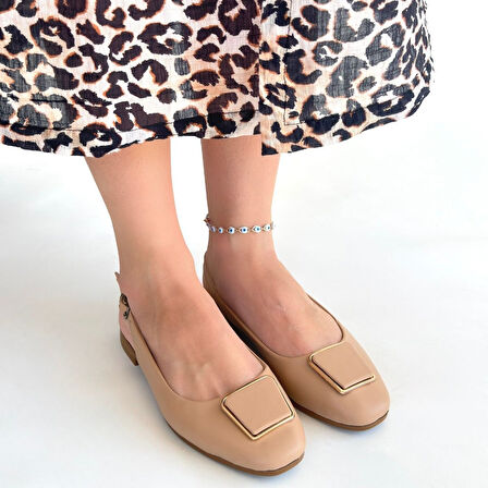 Arkası Açık Küt Burun Babet Ayakkabı Cilt Nude Topuk Boyu 1 Cm