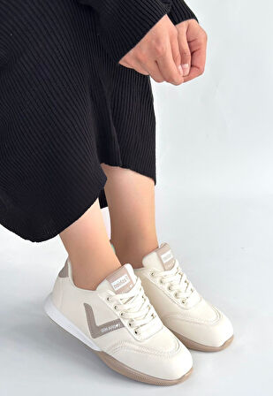 Vizon Detaylı Ortopedik Topuk Dikenine Karşı Özel Üretim Bağcıklı Spor Ayakkabı Cilt Bej Topuk Boyu 2 Cm