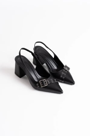 Siyah Cilt Büyük Tokalı Sivri Burun Slingback Topuklu Ayakkabı Topuk Boyu 8 Cm