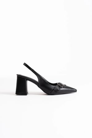 Siyah Cilt Büyük Tokalı Sivri Burun Slingback Topuklu Ayakkabı Topuk Boyu 8 Cm