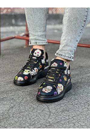 Kuru Kafa Desenli Boyalı Erkek Casual Ayakkabı Siyah Topuk Boyu 3 Cm