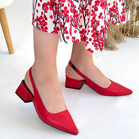 Sivri Burun Topuklu Ayakkabı Cilt Kırmızı Topuk Boyu 3 Cm