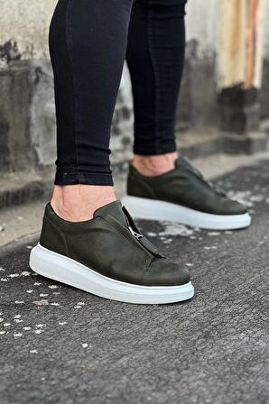 Beyaz Taban Erkek Casual Ayakkabı Vegan Haki Topuk Boyu 3 Cm
