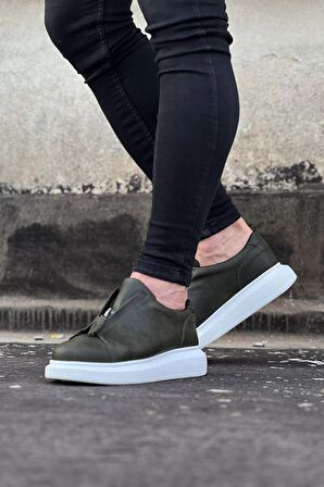 Beyaz Taban Erkek Casual Ayakkabı Vegan Haki Topuk Boyu 3 Cm