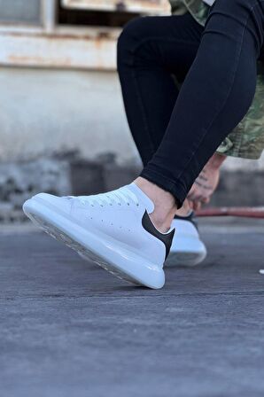 Siyah Detaylı Bağcıklı Erkek Ayakkabı Beyaz Topuk Boyu 3 Cm