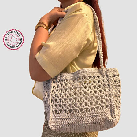 Uretti - Şenay 1451 El Örgüsü  Makrome İp Günlük Çanta  26cm - Gri