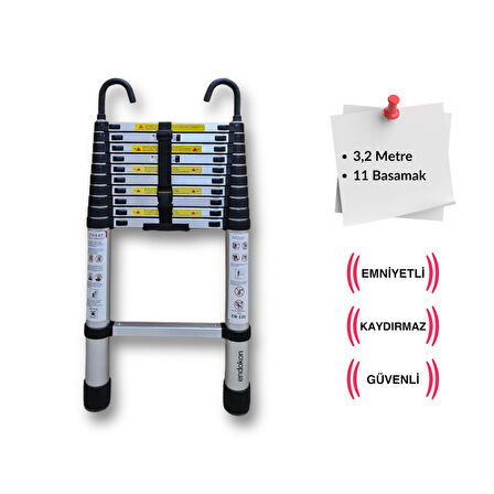320 cm. - 11  Basamaklı Kancalı Teleskobik / Teleskopik Merdiven - I Tipi Uzayan