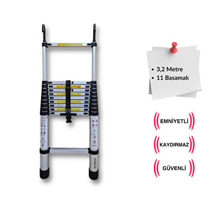 320 cm. - 11  Basamaklı Kancalı Teleskobik / Teleskopik Merdiven - I Tipi Uzayan