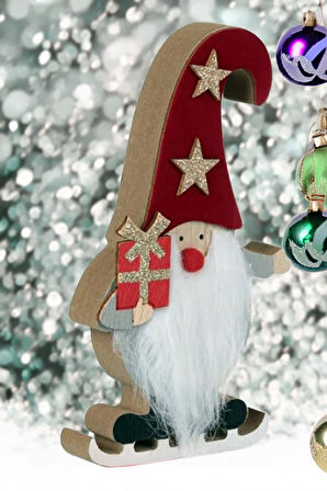 Yılbaşı Süsü Dekoratif  Ahşap Kürklü Gnome Noel Baba Biblo Figür - 14 cm