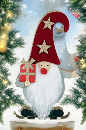 Yılbaşı Süsü Dekoratif  Ahşap Kürklü Gnome Noel Baba Biblo Figür - 14 cm