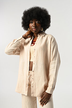 KADIN %100 KETEN DÜZ RENK OVERSİZE KESİM GÖMLEK