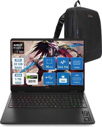 Hp Omen 16-AP0006NT Amd Ryzen Aı 7 350 32GB Ddr5 1tb SSD RTX5070 8gb Gddr7 16 Inç Wuxga (1920 x 1200) 144HZ 300NİTS IPS Freedos Taşınabilir Bilgisayar C52R1EAF14 + Zetta Çanta