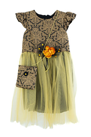 Oppland Kız Çocuk Elbise 5-6-7-8 Yaş %100Pamuk Prenses Model Çantalı ipKemerli YuvarlakYaka Astarlı