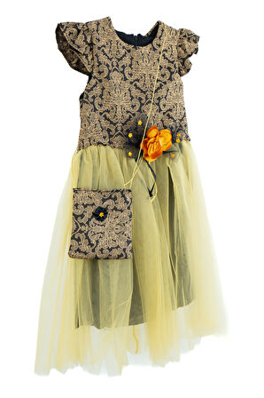 Oppland Kız Çocuk Elbise 5-6-7-8 Yaş %100Pamuk Prenses Model Çantalı ipKemerli YuvarlakYaka Astarlı