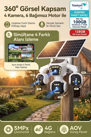 4 Kameralı - Solar Panelli   TURK TELEKOM  Yıllık Hat   HER AY 100GB   Yapay Zeka TT100
