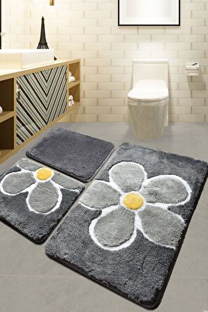 Flower Gri 3 Lü Set Klozet Takımı, Banyo Paspas Seti Halısı