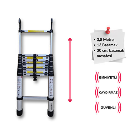 13 basamak - 380 cm. KANCALI Teleskobik / Teleskopik Alüminyum Merdiven - I Tipi Uzayan Merdiven