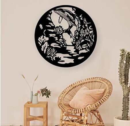 Siyah Ahşap Balina Okyanus 50cm X 50cm Tablo Duvar Dekoru 3mm Mdf Lazer Kesim