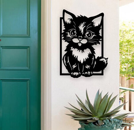 Siyah Ahşap Sevimli Kedi 35cm X 50cm Tablo Duvar Dekoru 3mm Mdf Lazer Kesim