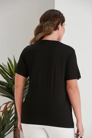 Wearon Kadın Gökçe Japon Gülü Flok Baskılı Penye Siyah Tişört 