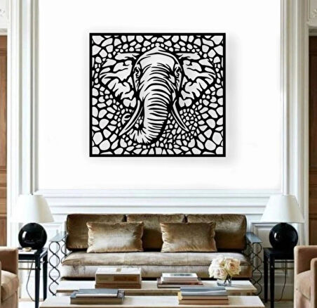 Siyah Ahşap Fil 50cm X 45cm Tablo Duvar Dekoru 3mm Mdf Lazer Kesim