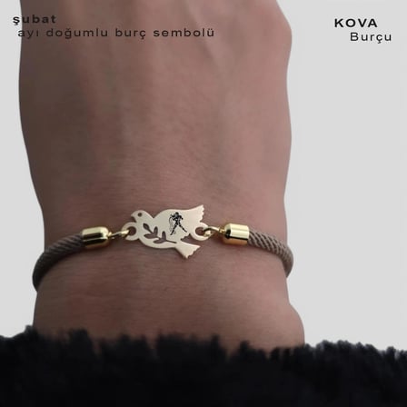 Kova Burçları İçin 14 Ayar Altın Plakalı Örgülü Kuş Motifli Hediye Bileklik-334burç-kahverengi