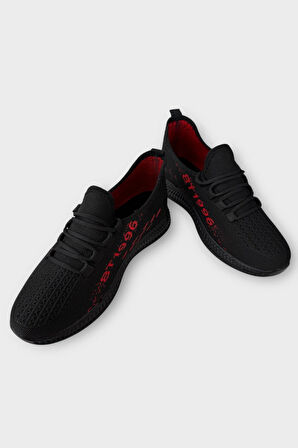 Erkek Triko Günlük Ortopedik Sneaker Spor Ayakkabı SİYAH - KIRMIZI