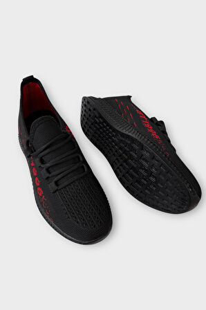 Erkek Triko Günlük Ortopedik Sneaker Spor Ayakkabı SİYAH - KIRMIZI