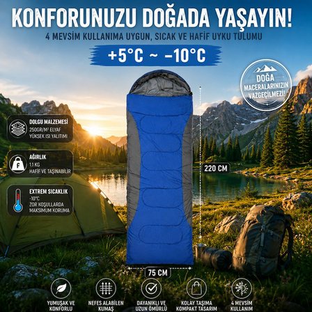 4 Mevsim Uyku Tulumu +5°C -10°C Kamp Uyku Tulumu Nefes Alabilen Kumaş MAVİ