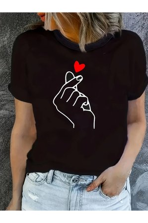 Unisex Kore Usulü Kalp Baskılı Tasarım Tshirt