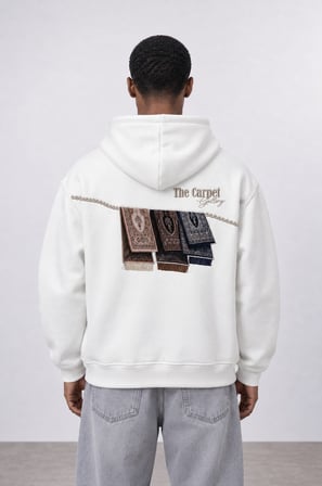 Erkek Carpet Patch Detaylı Oversize Hoodie Ekru