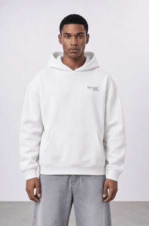 Erkek Carpet Patch Detaylı Oversize Hoodie Ekru