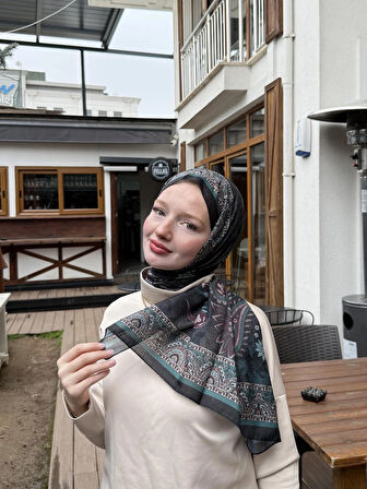 Kamer Scarf Modal Soft Serisi Etnik Desen Şal Siyah-Yeşil