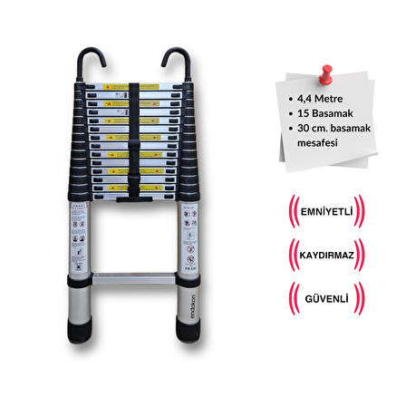 440 cm. - 15  Basamaklı Kancalı Teleskobik / Teleskopik Merdiven - I Tipi Uzayan Merdiven