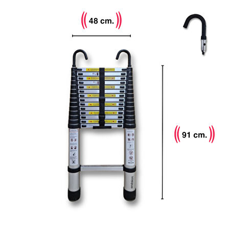 440 cm. - 15  Basamaklı Kancalı Teleskobik / Teleskopik Merdiven - I Tipi Uzayan Merdiven