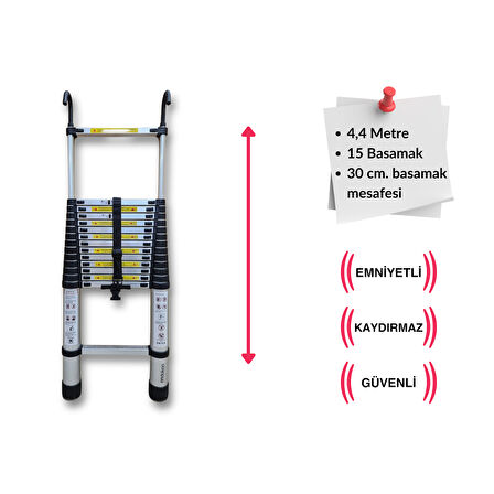 440 cm. - 15  Basamaklı Kancalı Teleskobik / Teleskopik Merdiven - I Tipi Uzayan Merdiven