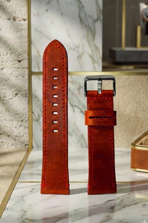 22mm Hakiki Deri Saat Kordonu Premium Klasik Saat Kayışı Dayanıklı ve Konforlu - Kırmızı