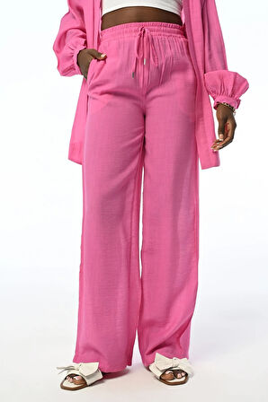 KADIN RAHAT KALIP BOL PAÇA  BELİ LASTİKLİ DÜZ RENK PANTOLON