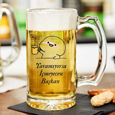 Yaramıyorsa İçmeyeceksin Başkan Yazılı Cam Bira Bardağı – Mizahi Hediyelik Kupa