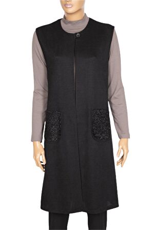 Hesna Kadın Naz Şönil Cep Kombinli Siyah Yelek