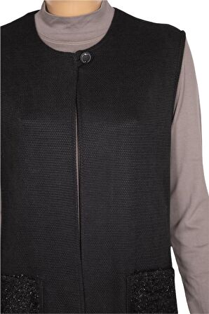 Hesna Kadın Naz Şönil Cep Kombinli Siyah Yelek