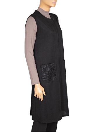 Hesna Kadın Naz Şönil Cep Kombinli Siyah Yelek