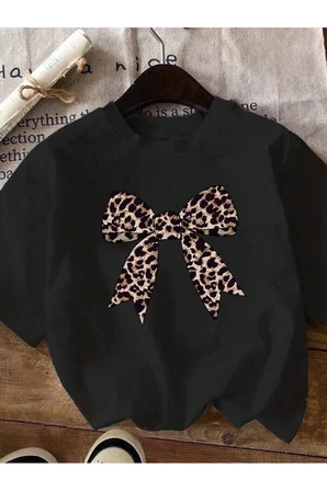 Unisex Leopar Desenli Kurdele Baskılı Tasarım Tshirt