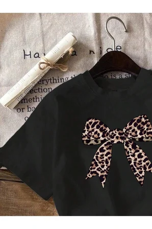 Unisex Leopar Desenli Kurdele Baskılı Tasarım Tshirt